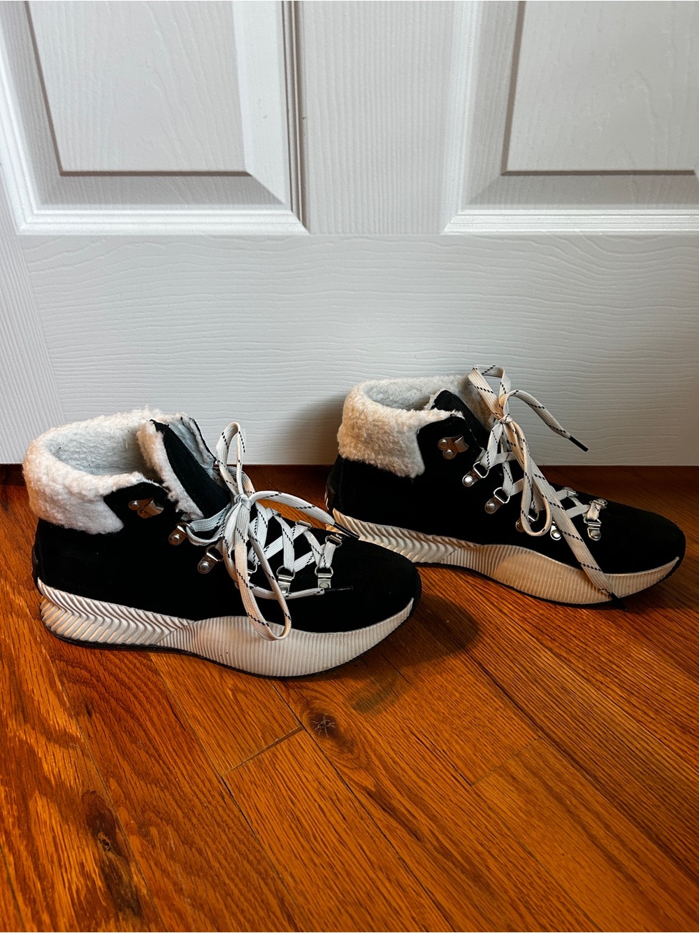 Sorel Black and White Lace-Up Shearling-Trim Boots